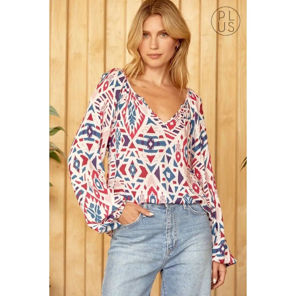 Emily Wonder Size‎ 1X Blouse Top Geometric Print Pink Blue Boho Balloon Sleeve